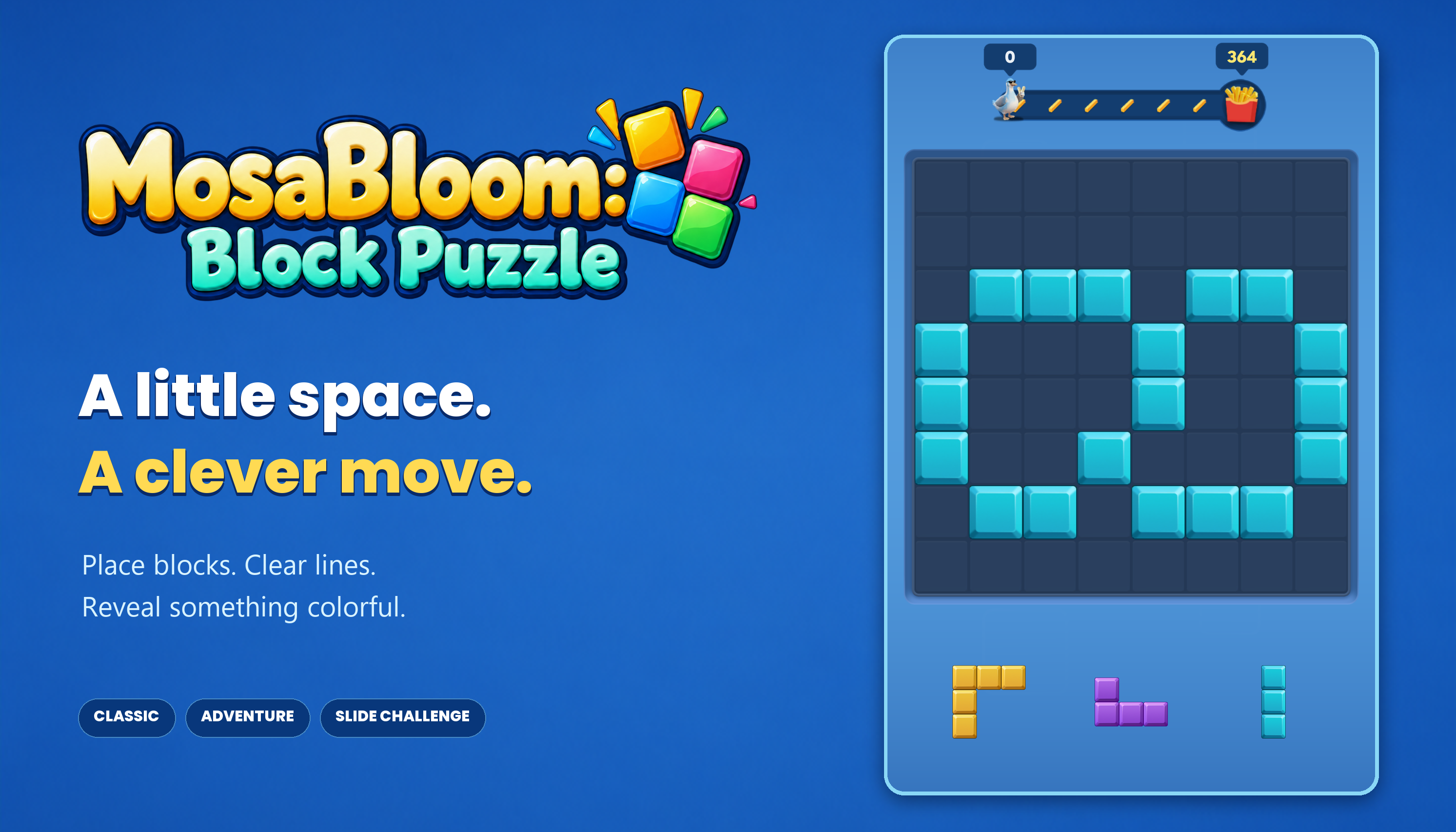 MosaBloom: Block Puzzle, featuring colorful blocks and Classic, Adventure, and Slide Challenge modes.